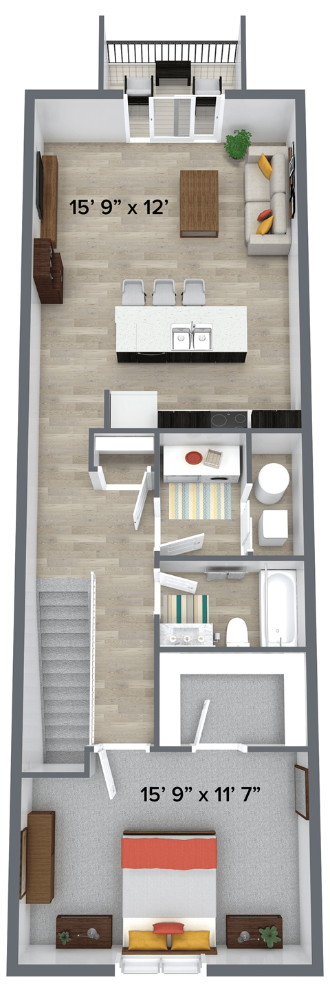 Floor plan for 1 bed, 1 bath, 874 sqft